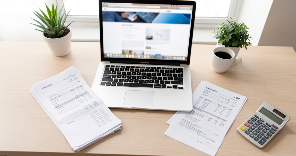 Bureau avec ordinateur portable et documents de facturation, logiciel de facturation gratuit