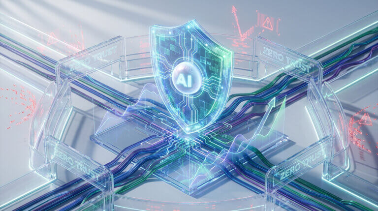 Bouclier numérique holographique avec le logo IA au centre, entouré de circuits et du concept Zero Trust.