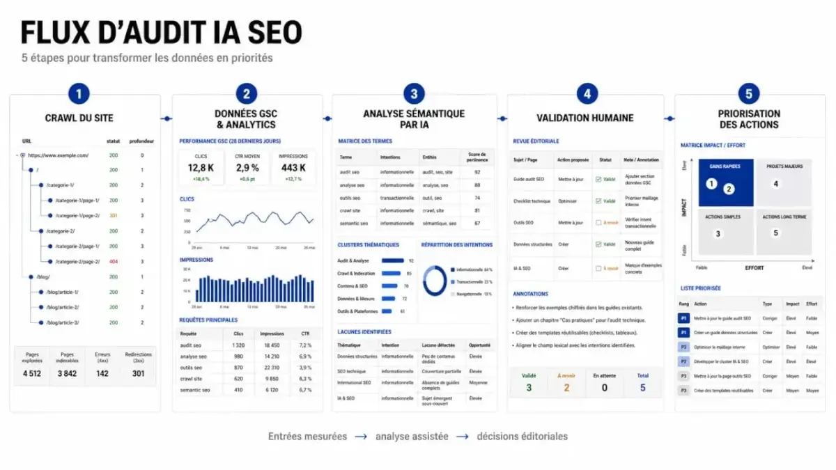 Audit IA SEO : schéma éditorial du flux crawl, Search Console, IA et priorisation des actions