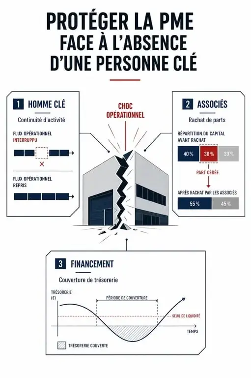 Infographie protection entreprise financement avec les volets Homme Clé, Associés et Financement