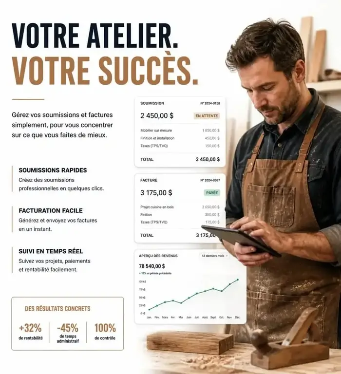 Artisan menuisier utilisant un logiciel pour devis et facture menuiserie sur tablette dans son atelier