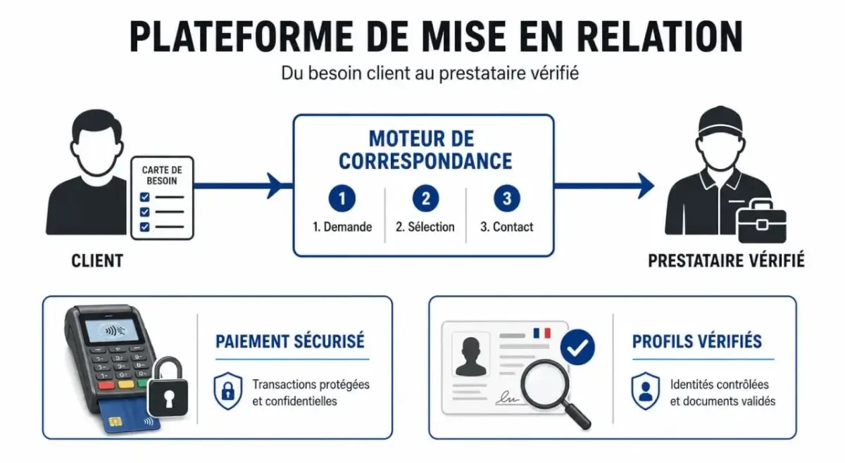 Schéma explicatif du fonctionnement d'une plateforme de mise en relation entre client et prestataire