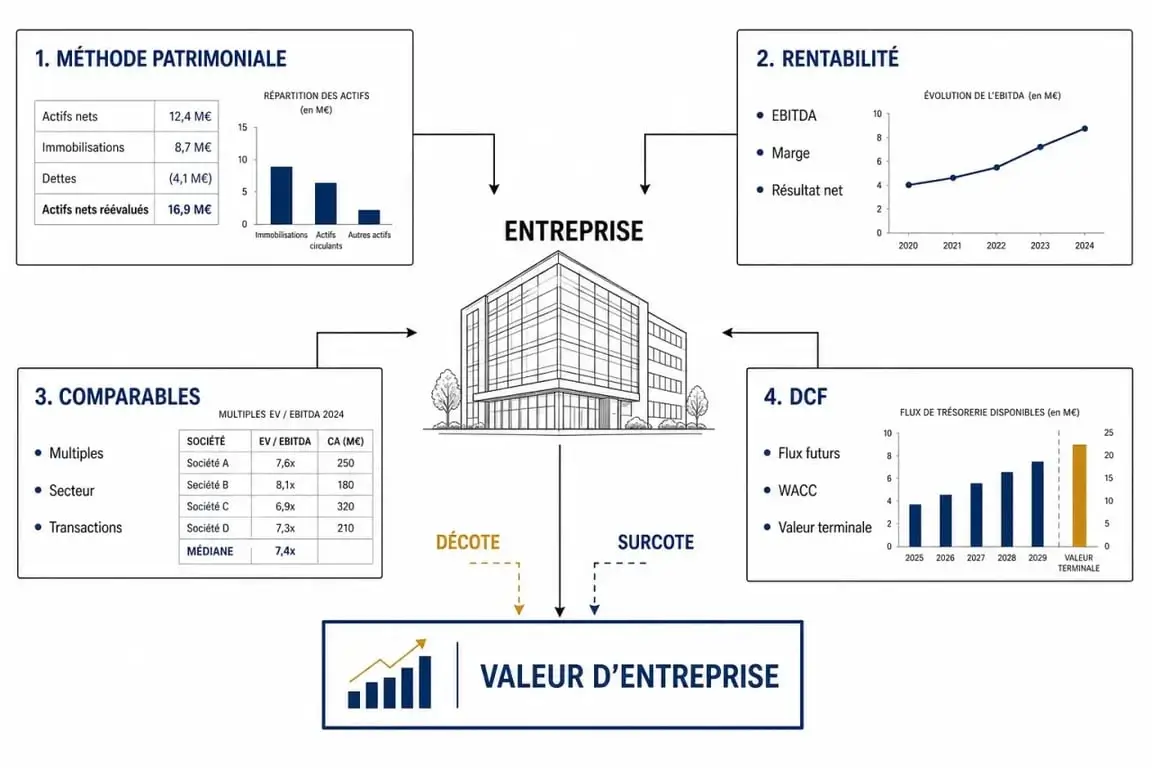 Valorisation entreprise : schéma des méthodes patrimoniale, rentabilité, comparables et DCF