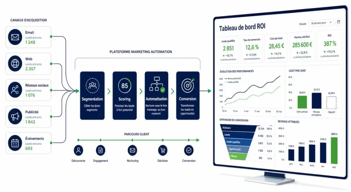 plateforme marketing automation GrowthPulse 360 roi illustrée par un tableau de bord de performance et un flux de leads