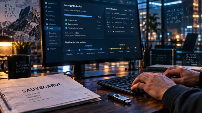 Agence maintenance site WordPress : technicien vérifie la sauvegarde et corrige les incidents