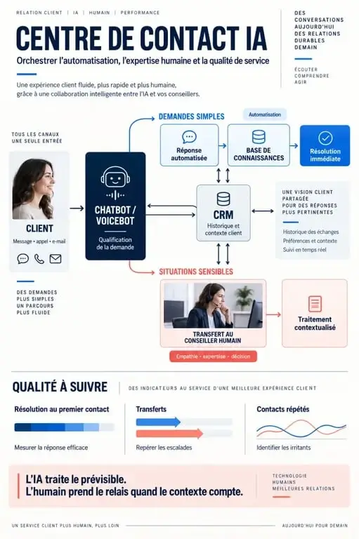 Infographie sur le fonctionnement d’un centre de contact IA et le transfert vers un conseiller