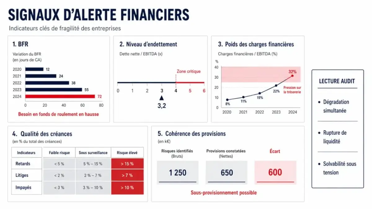 Infographie sur la défaillance des entreprises information financière et audit légal avec les principaux signaux d’alerte financiers