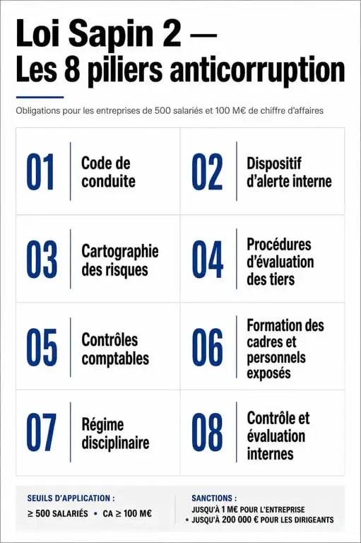 Que dit la loi Sapin 2 : synthèse visuelle des 8 piliers, des seuils d’application et des sanctions anticorruption