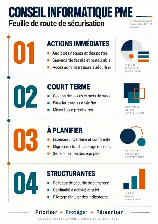Conseil informatique PME : infographie des priorités d’un audit et de la feuille de route de sécurisation
