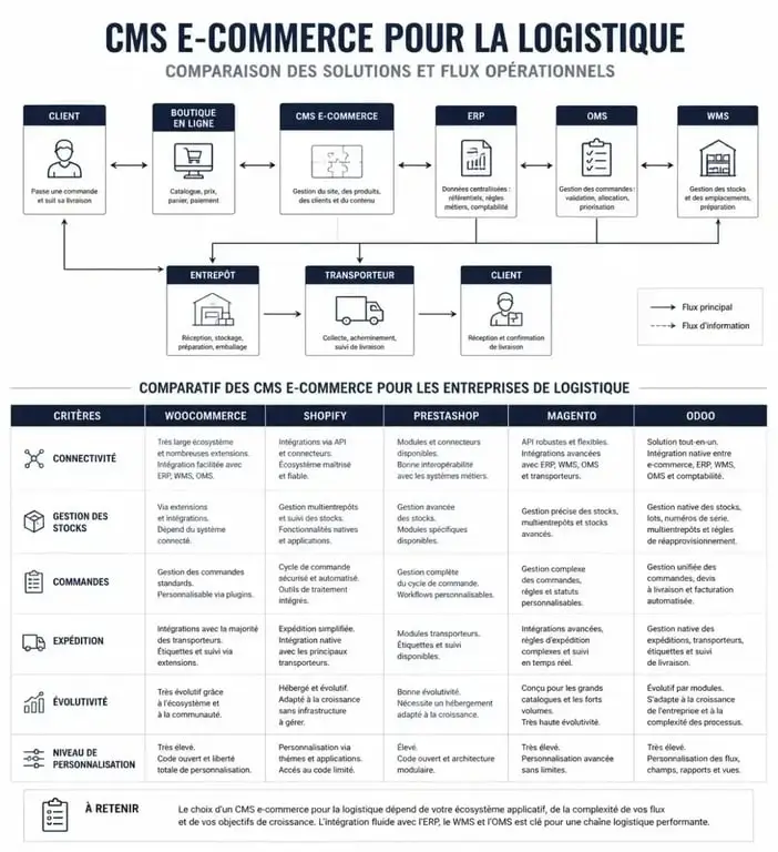 Infographie des meilleurs outils CMS pour entreprises de logistique et de leurs flux avec ERP, WMS et transporteurs