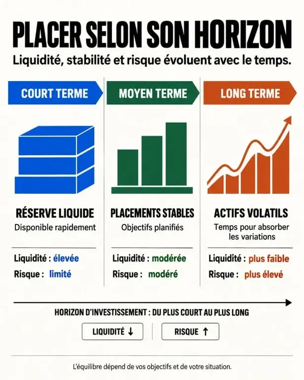 Infographie de conseil placement financier selon l’horizon, la liquidité et le niveau de risque