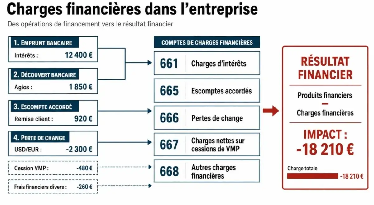Charges financiere : schéma des comptes 66 et de leur impact sur le résultat financier