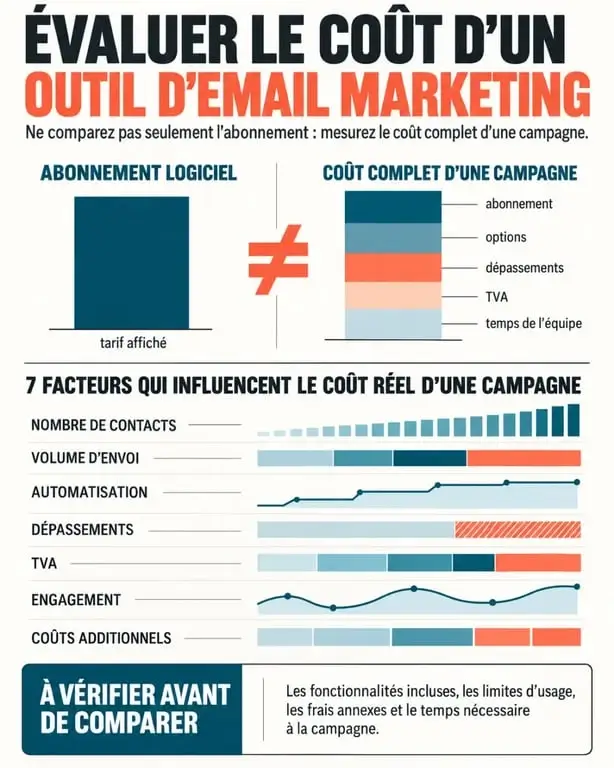 Infographie sur le tarif de l'outil email marketing Mailboost Professional et les coûts à vérifier