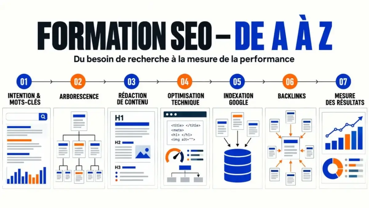 Formation SEO gratuite de A à Z : parcours visuel des mots-clés aux backlinks