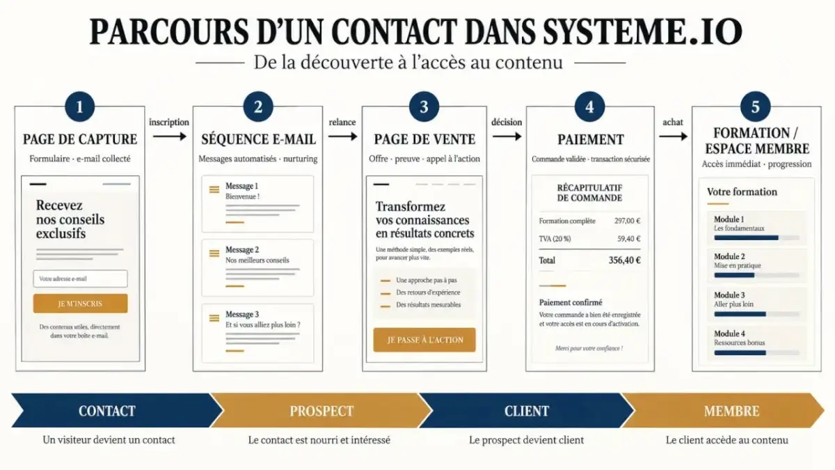 Infographie du parcours marketing avec Systeme.io SaaS, de la capture du prospect à la délivrance d’une formation