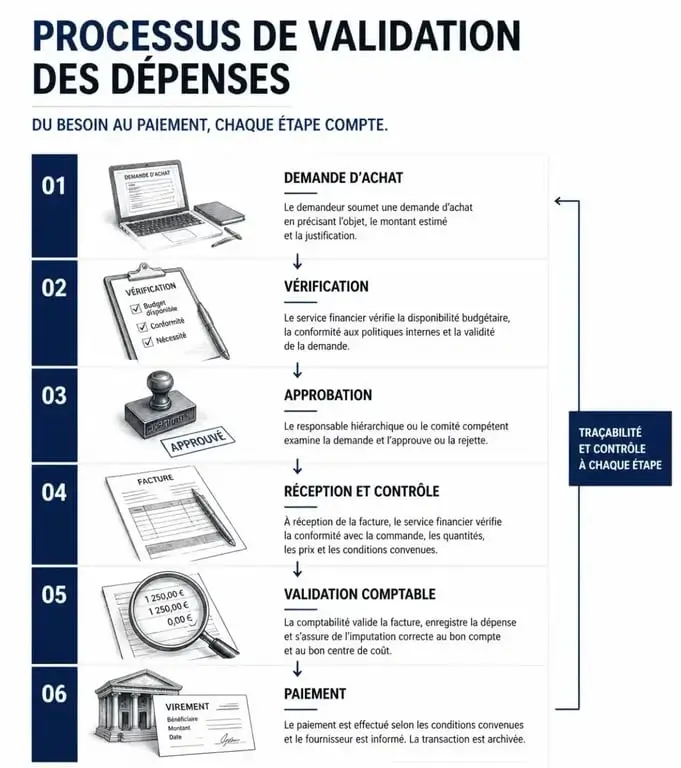 Schéma du circuit de validation d'une dépense dans un manuel de procédures de gestion administrative financière et comptable
