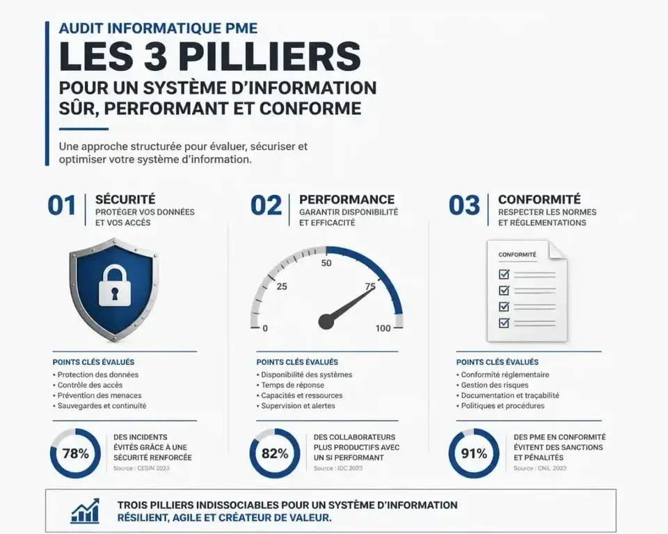 Les trois piliers d'un audit informatique pour PME : sécurité, performance et conformité