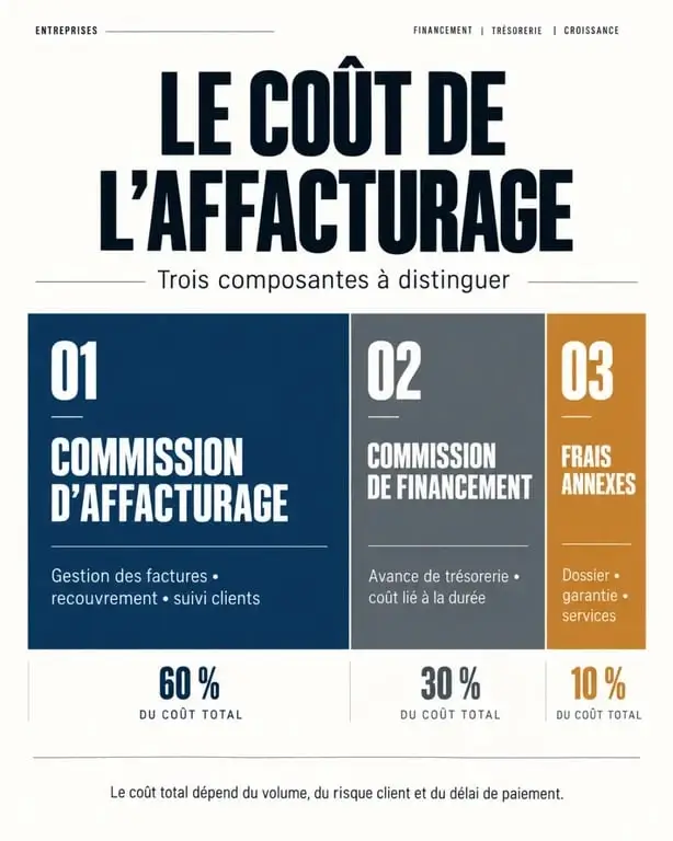 Décomposition du coût de l'affacturage en trois postes : commission de gestion, commission de financement et frais annexes