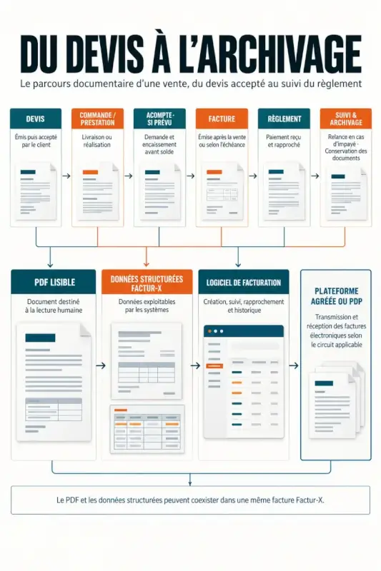 Free facture et devis : parcours du devis accepté à la facture, au paiement et à l'archivage