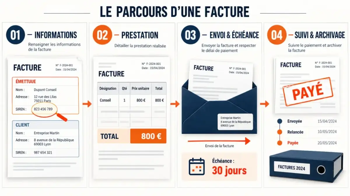 Autoentrepreneur comment facturer : parcours visuel de la préparation à l’archivage d’une facture