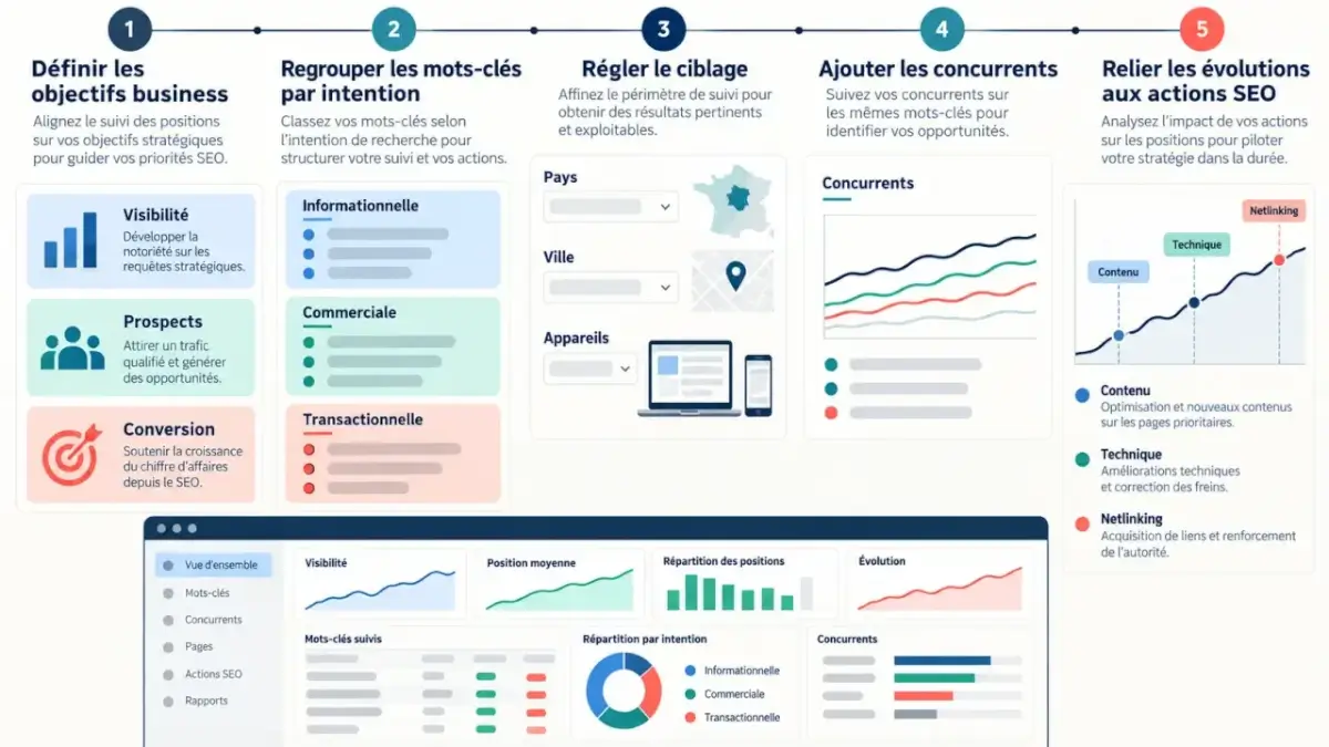 Configuration d’une stratégie SEO Business Ranker Pro avec mots-clés, géolocalisation, appareils et suivi des positions