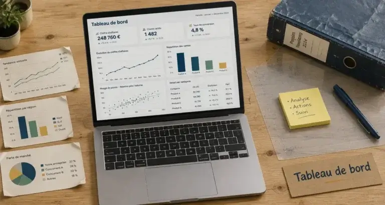 Visualisation données entreprise : dashboard sur ordinateur, courbes et barres